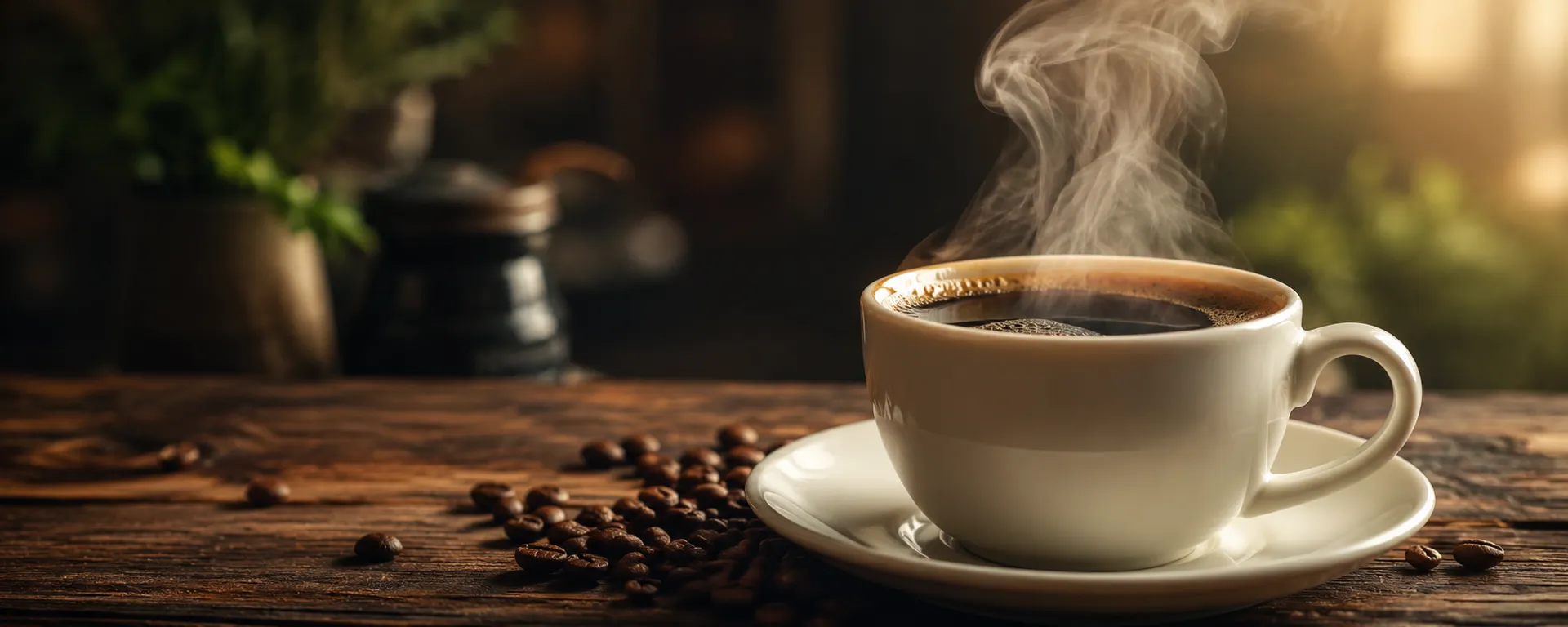 A freshly poured cup of coffee surrounded by coffee beans